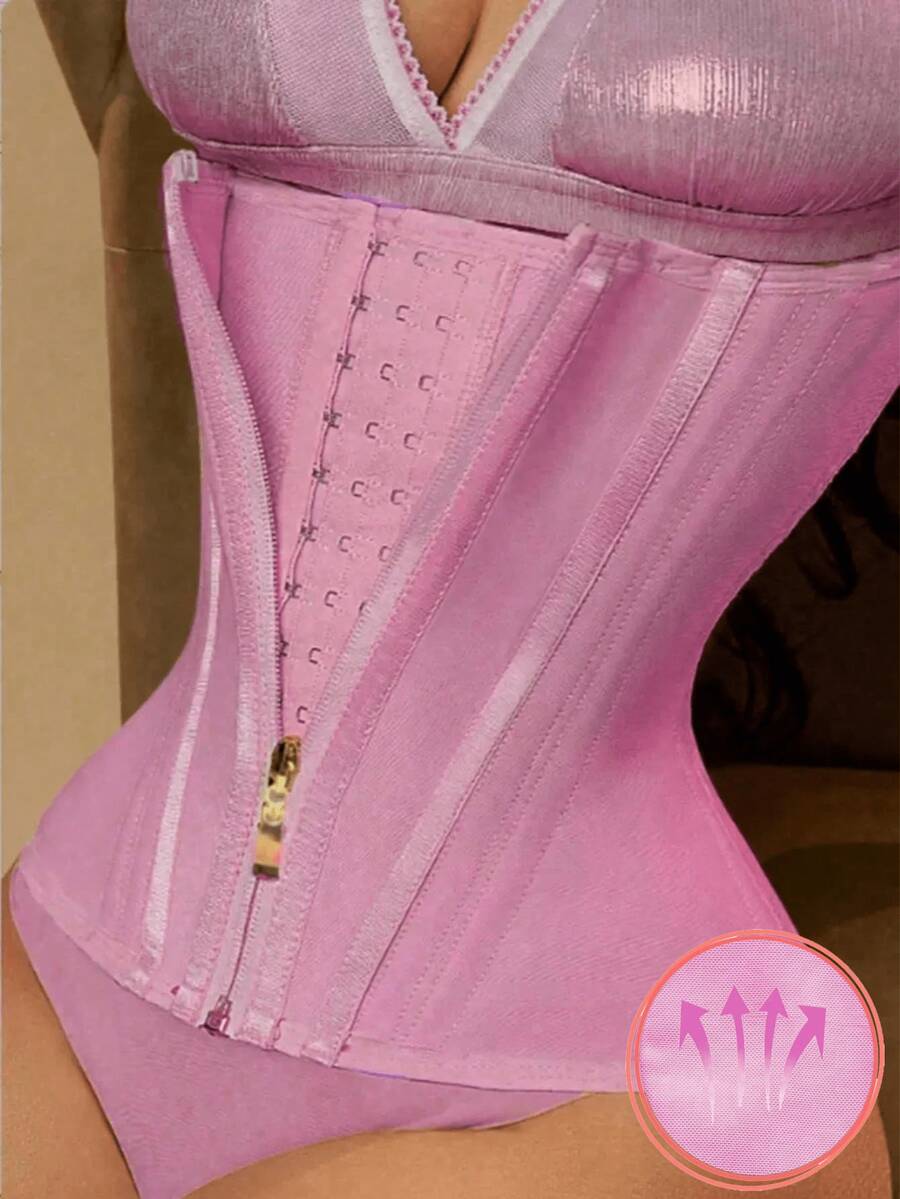 1pc Waist Cincher Zipper Front Compression Bustier, Women Shapewear, Colombian Waist Trainer - Pink - View 1