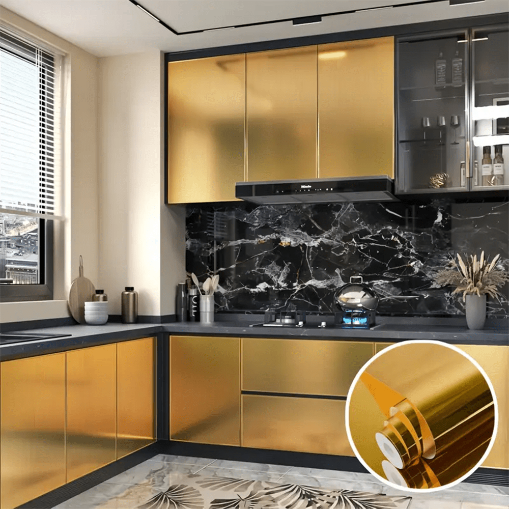 1 Roll Self-Adhesive Vinyl Wallpaper, Waterproof , Easy DIY Peel And Stick, Suitable For Kitchen Countertop, Living Room, Bathroom Wall Decor, Gray Gold Brushed Texture, Modern Home Decor Wall Sticker, Refrigerator, Stove Sticker