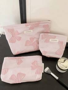 1pc/Set Ins Style Bow Makeup Organizer Bag, Wallet-Style Portable Makeup Brush Holder Bag With Zipper, Can Store Lipstick, Makeup Brushes, Skincare, Phone, Coins, Etc. , Makeup Room Decor,Makeup Bag,Travel Essential - Pink - View 3