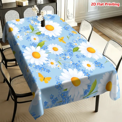 1/20pcs Tablecloth Floral Daisy And Blue Flowers Pattern Polyester Fabric Machine Made Perfect For Picnic Camping Wedding Birthday Restaurant Buffet Spring Home Decor
