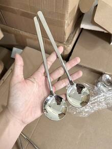 Korean Style Stainless Steel Long Handle Thick Soup Spoon, Round Head Ins Spoon, High Quality Tableware - Silver - View 8