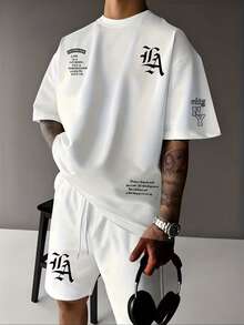 LA NY City Streetwear Set: White 100% Cotton T-Shirt + White Tactel Shorts - 白色(襯衫+短褲) - 查看 1