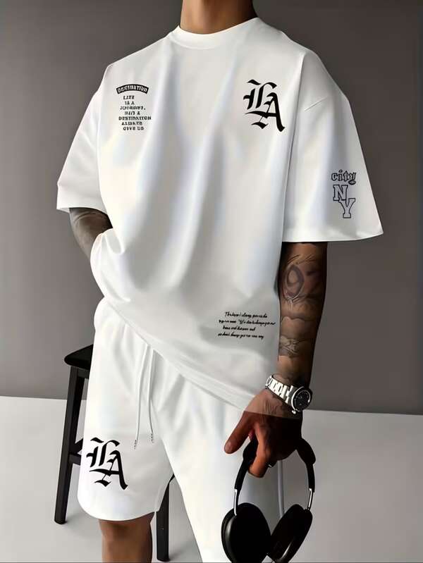 Conjunto Streetwear LA NY City Camiseta Branca 100% Algodão + Short Mauricinho Branco Tactel