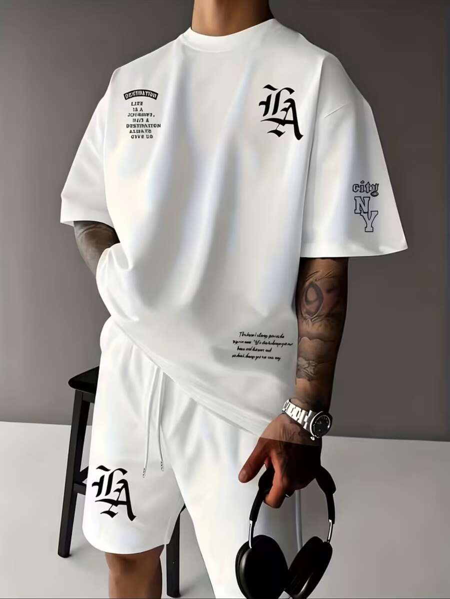 LA NY City Streetwear Set: White 100% Cotton T-Shirt + White Tactel Shorts - 白色(襯衫+短褲) - 查看 1