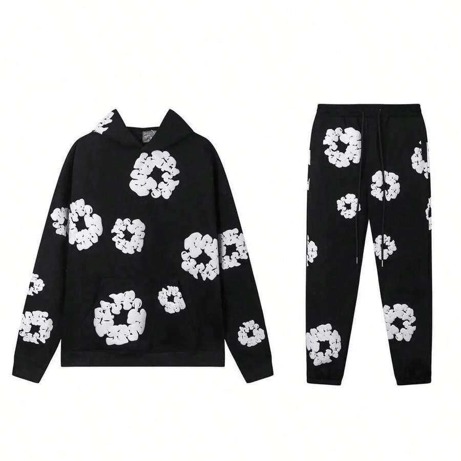 RAPNESS Denim T Gothic Peony Print Sweatsuit Set 2025, Hip Hop Streetwear Oversized Hoodie & Joggers, Y2K Retro Graphic Lounge Set, Unisex Autumn Winter Daily Wear - màu đen - Xem 1