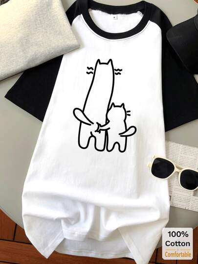 Áo thun nữ tay ngắn raglan dáng lửng, họa tiết in, phong cách mùa hè, màu đen trắng thời trang.