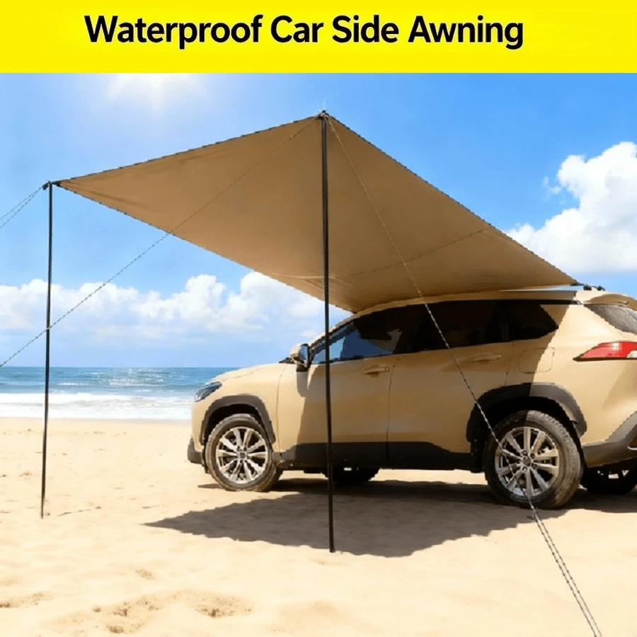 Heavy-Duty Silver Coated Waterproof SUV Car Awning Tent - Rain Shelter For Outdoor Car Camping, 210D Oxford Cloth, Adjustable Height, Khaki - Silver Coated, 2-4-Person Capacity, 2 Suction Cups Included, Steel Frame, Waterproof Tent - Multicolor - View 1