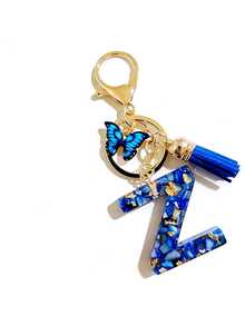 1个A-Y字母钥匙扣，精美蓝色流苏蝴蝶，英文字母钥匙扣，水晶树脂水滴吊坠，女士包包挂饰，汽车挂件，送给她的礼物