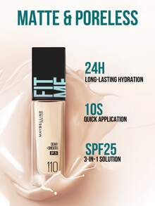 Maybelline Kem nền Fit Me Matte Perfect Foundation SPF 17 #110, tông hồng trắng, 5/30ml. Cung cấp độ ẩm lâu dài 24 giờ, công thức 3 trong 1 (cố định lớp trang điểm/dặm lại/làm sáng da), lớp nền lì tự nhiên và dưỡng chất lâu trôi. Quy trình trang điểm 3 bước dễ dàng, phù hợp với tông da hồng trắng và da dầu, tạo lớp nền hoàn hảo, lâu trôi cho sử dụng hàng ngày. - Phiên bản sương mù nhẹ 110 - Xem 11