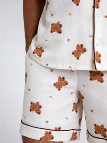 Snug League 2 Pieces Set, Men's Star & Moon Bear All-Over Print Short Sleeve Shorts Pajama Loungewear Set - Beige - View 5