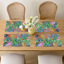 1件/4件/6件装花卉图案亚麻餐垫，适用于餐桌，四季皆宜，现代可水洗餐垫，房间装饰，杯垫，厨房餐垫，室内外派对装饰，家居装饰，理想礼品 - 彩色 - 查看 6