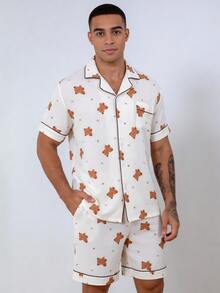 Snug League 2 Pieces Set, Men's Star & Moon Bear All-Over Print Short Sleeve Shorts Pajama Loungewear Set - Beige - View 3