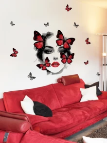1pc Creative Girl Face & Red Butterfly Wall Sticker Decor For Living Room, Bedroom, Background Beautification, Removable Matte Self-Adhesive Wall Decal, Suitable For Living Room, Bedroom, Kids Room, Home Decor Sticker, Wall Sticker, Vinyl Sticker, Spring Decor, Adds Vitality To Your Home, Rama Decor Sticker Gift, Birthday Graduation Gift - Multicolor - View 3