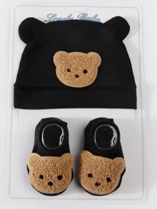 Set de 2 piezas de gorro tipo gorro de bebé recién nacido con orejas de oso y manoplas - 2 piezas - Ver 7