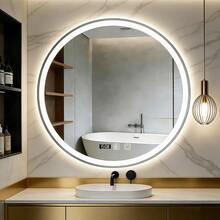 Espejo de baño táctil inteligente circular con espejo de luz circular led, 60 x 60 cm, con función antiniebla inteligente y botón táctil inteligente y pantalla de tiempo, tres temperaturas de color ajustadas libremente, espejo de maquillaje montado en la pared, vertical y horizontal, adecuado para duchas, guardarropa, tocador - Blanco - Ver 2