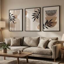 极简波西米亚风墙面艺术三件套 - 黑白抽象植物印花，可选带框/不带框，打造卧室、办公室或客厅的禅意画廊墙 - 彩色 - 查看 9