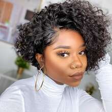 bling hair 6 Inch Pixie Cut Wig Human Hair Short 13x4x1 Curly Lace Front Human Hair Wigs For Women 150% Density C Part Human Hair Wig Chic Elegant Short Curly Wigs Layered Breathable Natural Color Pixie Wig - Natural Black - 查看 1