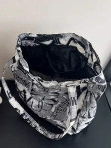 Bolso de lona, gran capacidad portátil, nuevo bolso de hombro multifuncional de moda para mujeres con estampado de graffiti, bolso de mano para estudiantes universitarios, mochila literaria para estudiantes, adecuado para mujeres o estudiantes, perfecto para guardar libros, artículos de compras, útiles escolares, bolso de mano para mujeres, artículo esencial para la universidad - Blanco y Negro - Ver 10