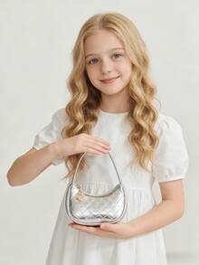 Girls' Embossed Rhombus Pattern Handbag, Holiday Gift, Fashion Princess Mini Purse, Crescent Moon Mini Bag, Gold/Silver - one-size - View 8