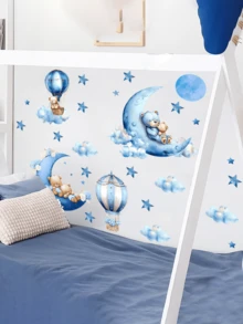 1 Set Creative Cartoon Bear Moon Hot Air Balloon Wall Stickers, Suitable For Children's Room, Living Room, Bedroom, Entrance, Self-Adhesive And Removable - Baby Blue - View 5
