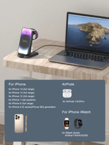 三合一快速无线充电器，多设备快速充电底座，适用于 15/14 Pro Max/13/12/11， 9/8/7/6/5/4/3/2/SE，兼容 Pro/3/2，送给家人、朋友的礼物，生日、冬季、情人节皆宜，便携式充电支架 - 黑色 - 查看 9