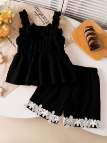 Bộ 2 món cho bé gái, áo hai dây viền hoa và quần short viền hoa, thích hợp mặc ngoài trời mùa xuân/hè. - màu đen - Xem 2