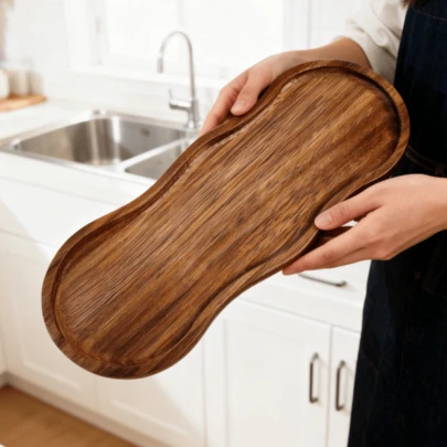 高品质金色把手木质托盘 - 木质早餐/水果/面包/零食盘，天然纹理，食品接触安全，适用于用餐、储物、工作，也适用于房间、客厅、厨房、餐厅、浴室、医院、野餐、花园、厨房用品、斋月装饰、开斋节。