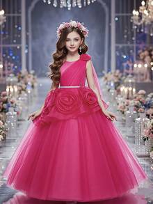 Children's Princess Dress, Tulle Skirt, Flower Girl Tween Girl Dress, Long Gown For Christmas Performance, Runway, Wedding, Emcee, Piano Recital (Please Refer To The Size Chart In The Product Details To Select The Appropriate Size) - 玫紅色 - 查看 1