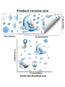 1 Set Creative Cartoon Bear Moon Hot Air Balloon Wall Stickers, Suitable For Children's Room, Living Room, Bedroom, Entrance, Self-Adhesive And Removable - Baby Blue - View 6