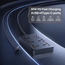 REMAX 30W 防浪涌扁平延长线,带扁平插头电源条,5 个间距较大的插座和 6 个 USB 充电端口(4 个 USB-C 端口 + 2 个 USB-A 端口),4 英尺长,适用于旅行、办公室、学校、宿舍等场所,带 LED 指示灯开关,黑色,是办公室、宿舍和家庭充电站的理想选择。 - 黑色 - 查看 2