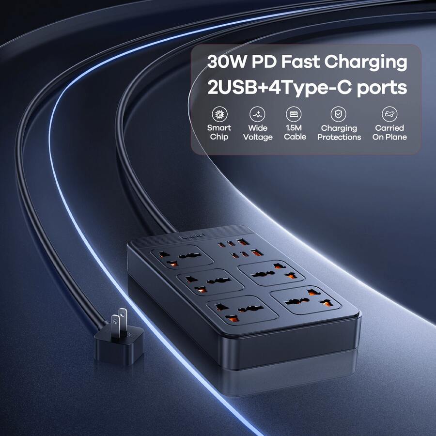 REMAX 30W 防浪涌扁平延长线，带扁平插头电源条，5 个间距较大的插座和 6 个 USB 充电端口（4 个 USB-C 端口 + 2 个 USB-A 端口），4 英尺长，适用于旅行、办公室、学校、宿舍等场所，带 LED 指示灯开关，黑色，是办公室、宿舍和家庭充电站的理想选择。