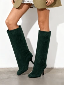 Women's Knee High Boots Slouchy Suede Stiletto Boots Kitten Heel  Wide-Calf Square Toe Long Boots Pull On Stiletto Heels Tall Boots For Women - 墨綠色 - 查看 5