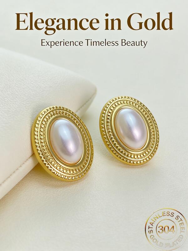 Elegant White Pearl Earrings Elliptical Stainless Steel Geometric Pearl Earrings Lightweight Hypoallergenic Jewelry Wedding Party Ball Retro Jewelry Valentine's Day Gift