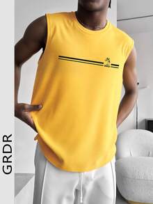 GRDR 男士夏季休闲常规版型圆领无袖背心，横条纹棕榈树印花 - 黃色 - 查看 1