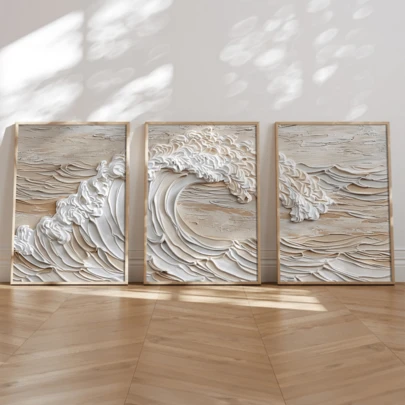 3 piezas de arte de pared moderno, pinturas en lienzo de olas blancas y beige, estilo de textura de pintura al óleo, arte de pared abstracto minimalista, pósteres de impresión de paisaje, con o sin marcos, decoración de habitación, regalo de inauguración de la casa, dormitorio, apartamento, hotel, hogar, sala de estar, dormitorio, baño, decoración de pared de oficina
