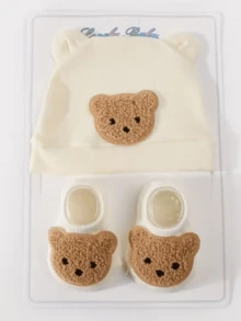 Set de 2 piezas de gorro tipo gorro de bebé recién nacido con orejas de oso y manoplas - 2 piezas - Ver 3