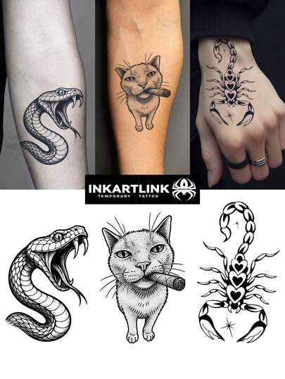 INKARTLINK 1 st. cool djurserie dekorativ tillfällig tatuering, vild orm, cigarrkatt, hjärtskorpion, vattentät kroppskonst tatueringsklistermärke, långvarig 1-2 veckor, för män och kvinnor