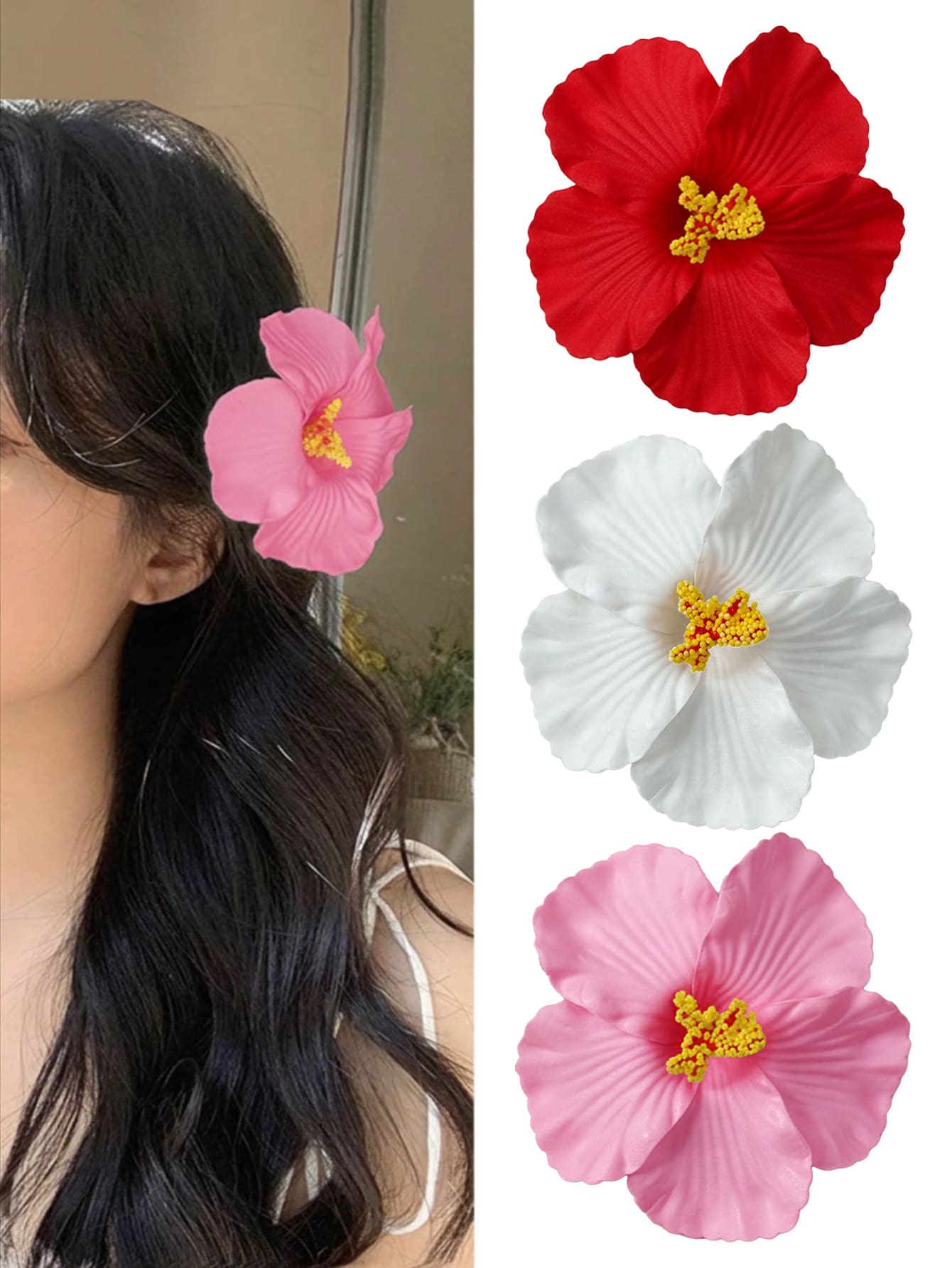 3件套芙蓉花发夹，适合女士和女孩，大号多色热带人造花发夹，波西米亚风格发饰，适合夏季海滩、夏威夷派对、婚礼、情人节（红色、白色、粉色），发夹、发卡、发夹、头饰、发卡