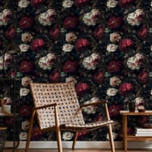 1 Roll Vintage Red & White Floral Self-Adhesive Wallpaper, Vinyl Material, Easy To Tear And Stick, Removable, Wall Paper, Black Background With Floral Pattern, Self-Adhesive Wallpaper, Decorative Wall Sticker, Suitable For Home Decor, Living Room, Bedroom, Kitchen, Etc. - Multicolor - View 6