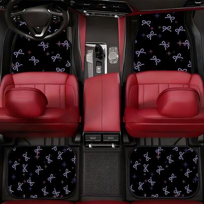 4pcs Purple Bow Tie Print Car Floor Mats, Ideal Gift Choice, Fit For Car, Truck, SUV, Sedan - Polyester Automotive Interior Accessories - Perfect Gift For Men, Women, Valentine's Day, Christmas, Car Interior Accessories | Fashionable Mats | Polyester Mats, Car Floor Mats