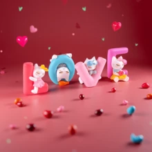 4件套情人节爱心猫咪摆件，小猫字母装饰，适合家居、办公桌、书架摆放，是情人节、生日、母亲节礼物和家居装饰的理想之选。 - 彩色 - 查看 5