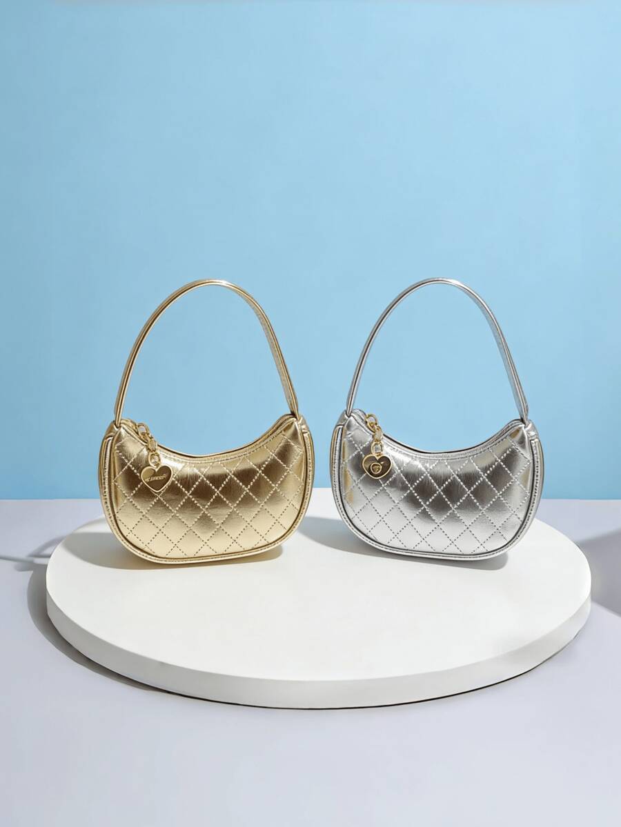 Girls' Embossed Rhombus Pattern Handbag, Holiday Gift, Fashion Princess Mini Purse, Crescent Moon Mini Bag, Gold/Silver - one-size - View 1