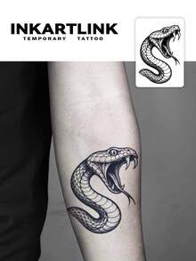 INKARTLINK 1张酷炫动物系列装饰临时纹身贴纸,图案包括凶猛的蛇、雪茄猫和心形蝎子,防水,持久1-2周,男女皆宜。 - 黑色 - 查看 3