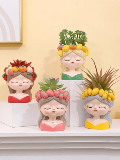 Cute Fruit Girl Succulent Planter - Adorable Cartoon Flower Pot, Suitable For Desk/Windowsill, Mini Desktop Planter For Succulents/Cacti, Creative Home Decor, Fits Living Room/Bedroom, Small Plant Pot Decoration Set