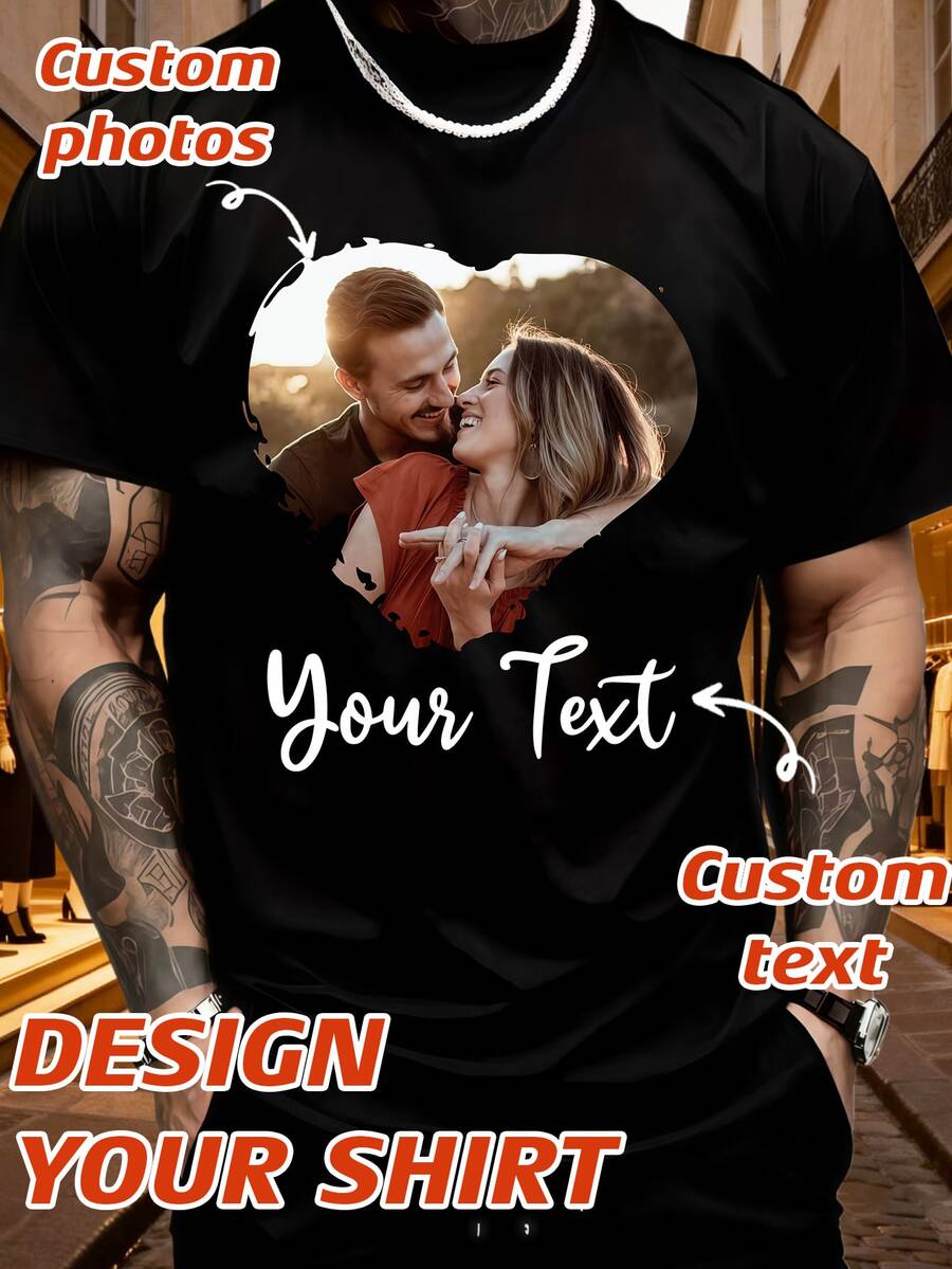 Custom Couple Photo & Text Heart Design Black T-Shirt Personalized Romantic Shirt For Daily Wear & Gifting - Multicolor - View 1