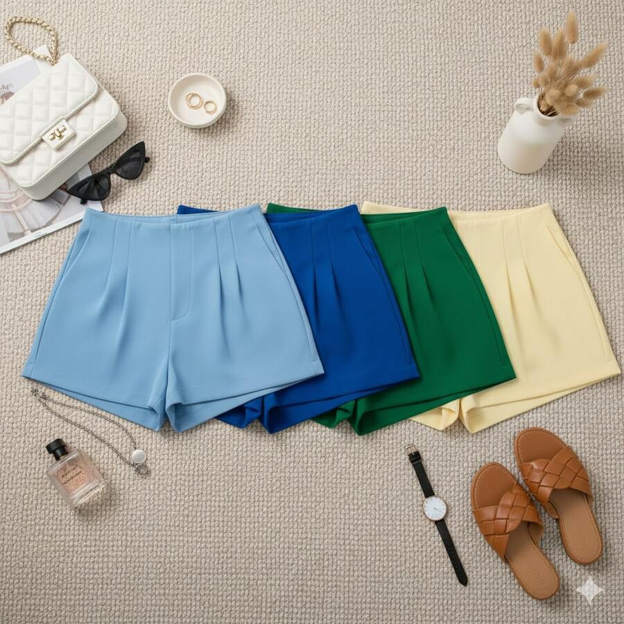 "Set Of 4 Tailored Shorts: The Secret To Chic Summer 2026" - Azul real, azul bebé, verde y amarillo. - Ver 1