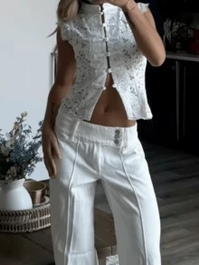 Women's Lace Vintage Polka Split Tank Tops Sleeveless Tie Back Y2k Tank Going Out Top Blouses - trắng - Xem 3