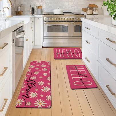 1/2/3pcs Kitchen Rugs, Pink "Hello Sunshine" Text Design, Modern Home Decor Style, Suitable For Living Room, Bedroom, Kitchen, Dining Room, Entryway, Bathroom, Non-Slip Backing, Ideal For Spring/Summer Home Decor