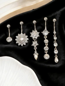 潮流梅花肚脐环，不锈钢镶嵌锆石，蛋白石花朵流苏吊坠，适合女士日常佩戴，也适合节日、婚礼、万圣节、圣诞节、派对等场合，是馈赠佳品。 - 白金 - 查看 5