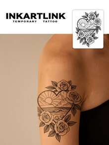 INKARTLINK 1pc Floral Sunrise Heart Rose Series Decorative Temporary Waterproof Body Art Tattoo, Long-Lasting 1-2 Weeks, Fruit Juice Tattoo, Suitable For Autumn/Winter Body Decoration, For Both Men And Women - Black - View 9